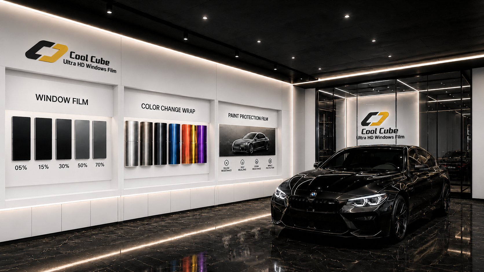 Cool Cube showroom — window film, color change wrap & paint protection film displays